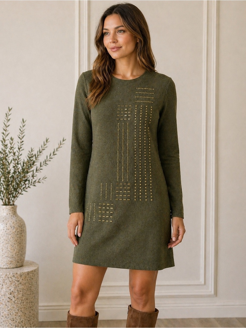 Vintage Steve Fabrikant Wool Olive Knit Dress Minimalist Stud Detail Luxury M